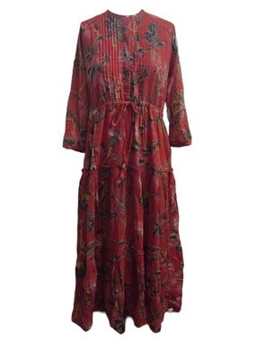 Anthropologie Banjanan Pink Burnt Coral Floral Tiered Long Sleeve Maxi Dress